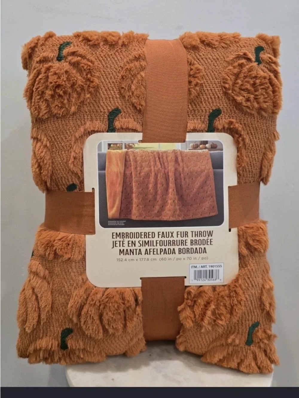 Embroidered Faux Fur Throw - Rust Orange